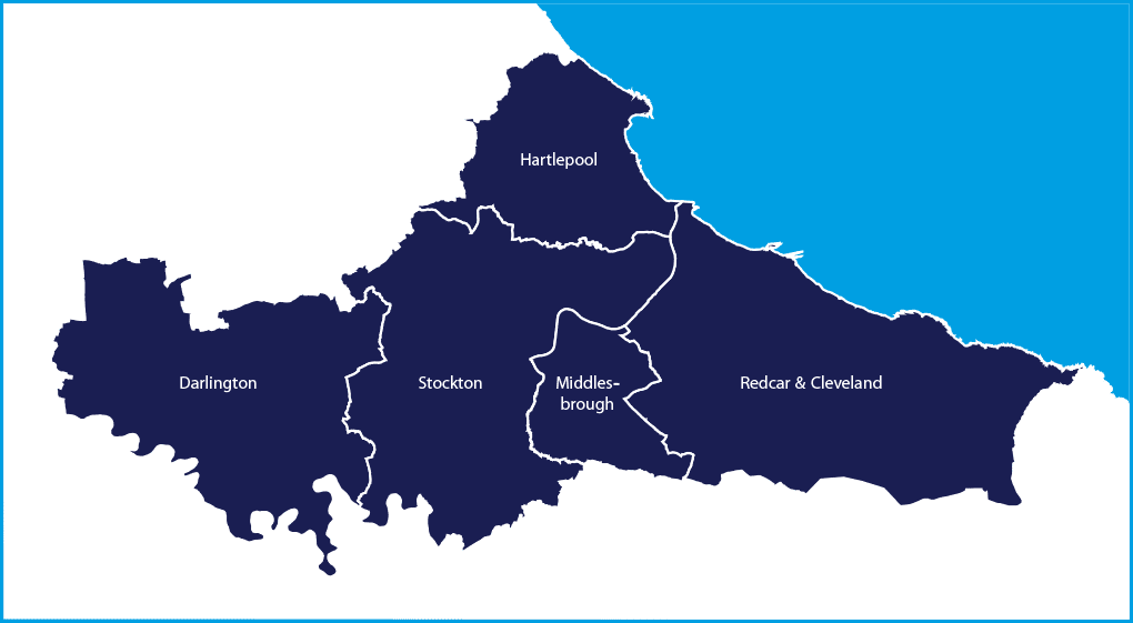 Map of Tees Valley showing council areas